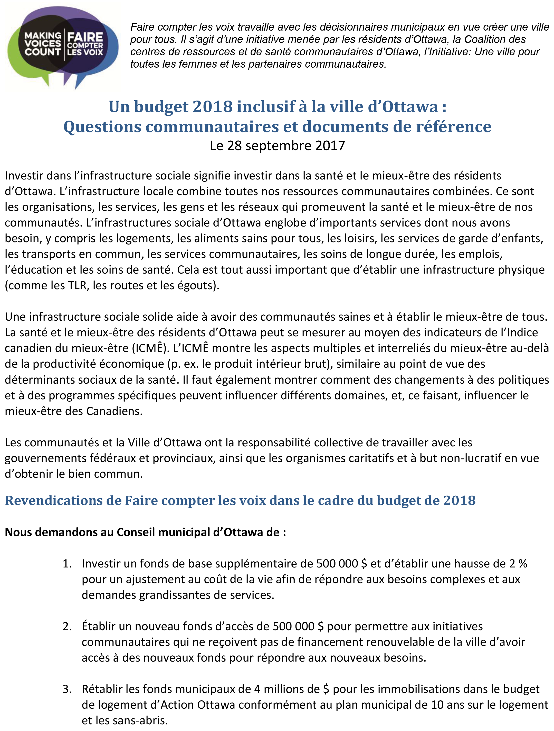 Un budget 2018 : Questions communautaires